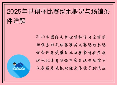 2025年世俱杯比赛场地概况与场馆条件详解
