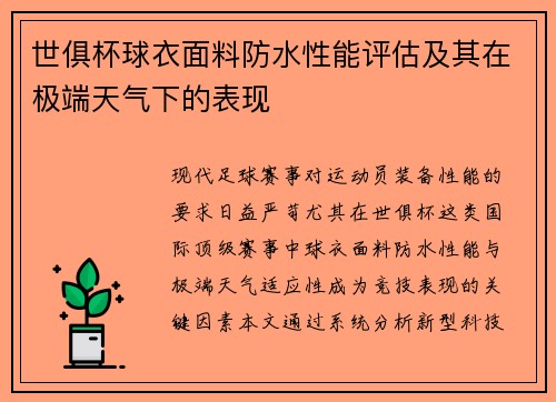 世俱杯球衣面料防水性能评估及其在极端天气下的表现