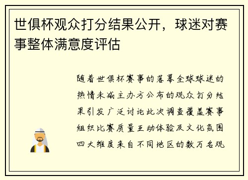世俱杯观众打分结果公开，球迷对赛事整体满意度评估