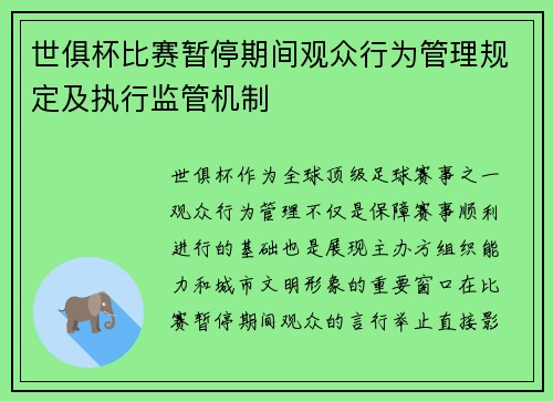 世俱杯比赛暂停期间观众行为管理规定及执行监管机制